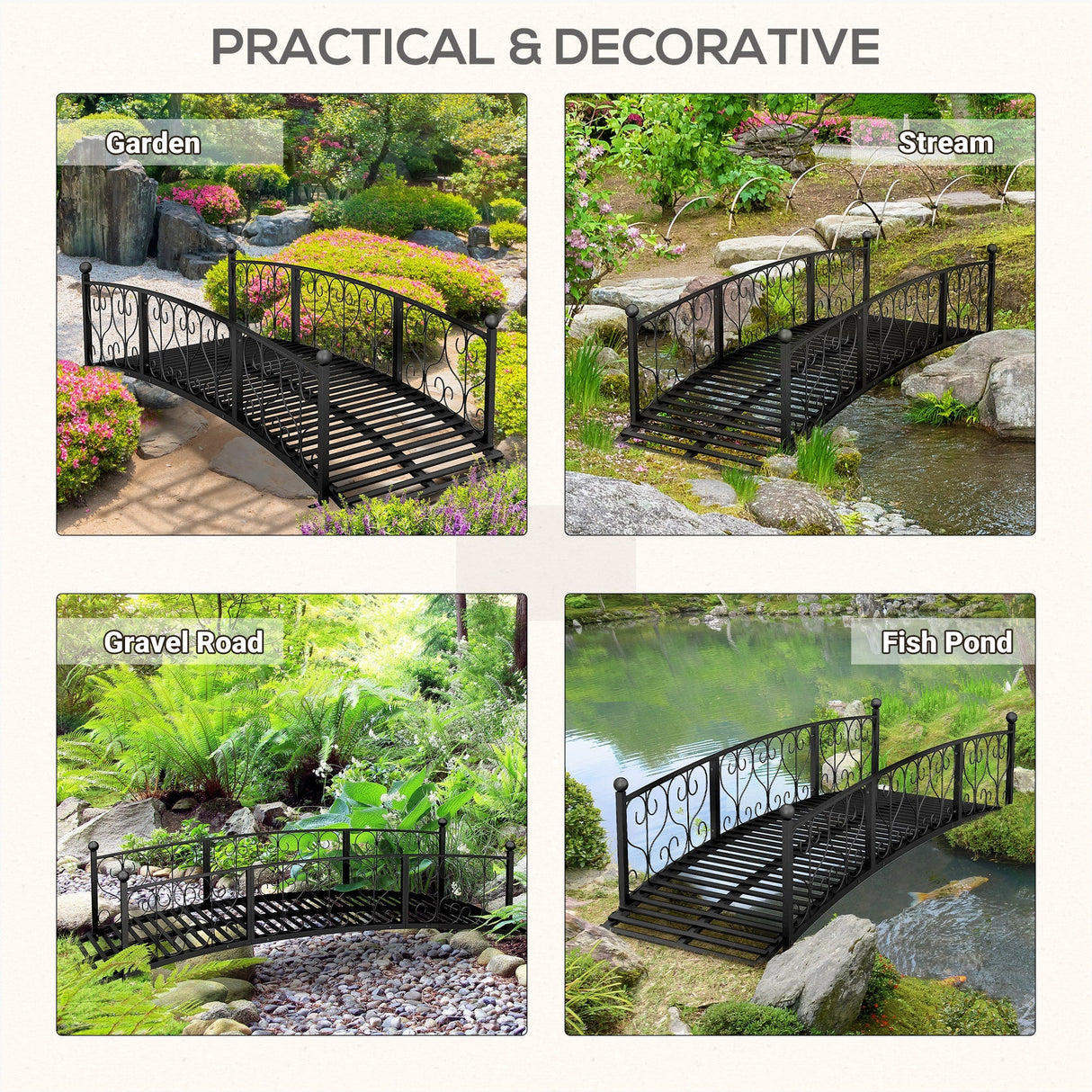 Outsunny 7' Metal Arch Garden Bridge with Safety Siderails, Decorative Arc Footbridge with Delicate Scrollwork 'S' Motifs for Backyard Creek, Stream, Fish Pond, Black