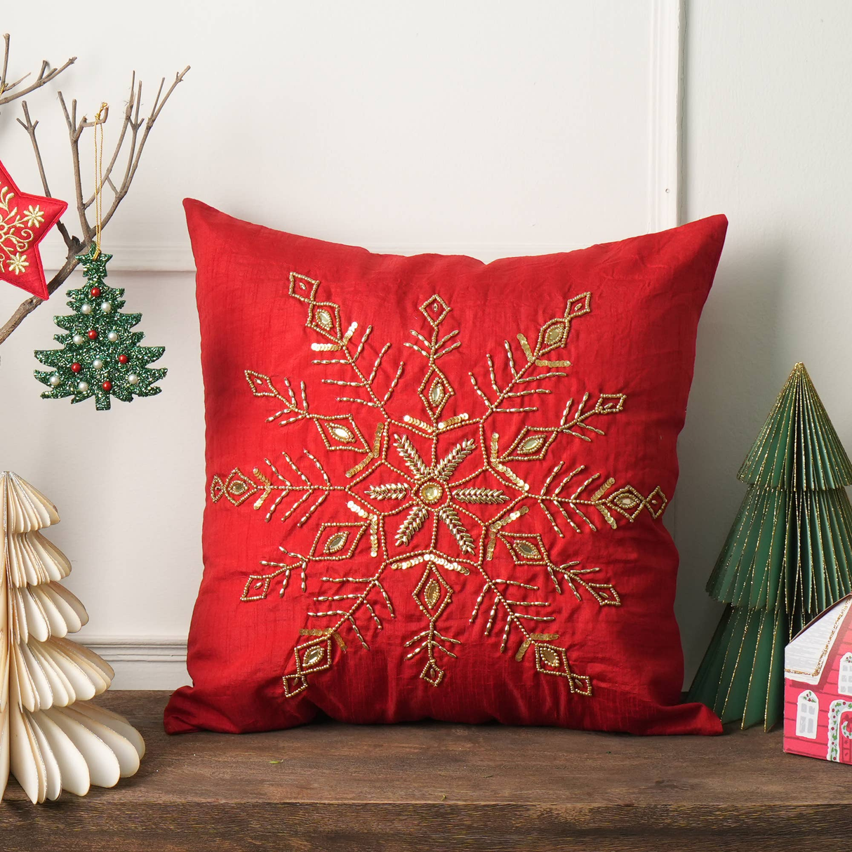 Handcrafted Snowflake Embroidered Cotton Pillow