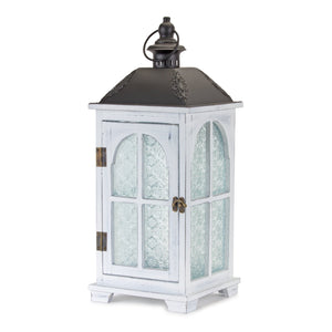 White Wood Lantern with Ornate Frosted Glass (Set of 2)
