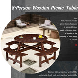 Outdoor 8 Person Round Picnic Table with Built-in Benches and Umbrella Hole