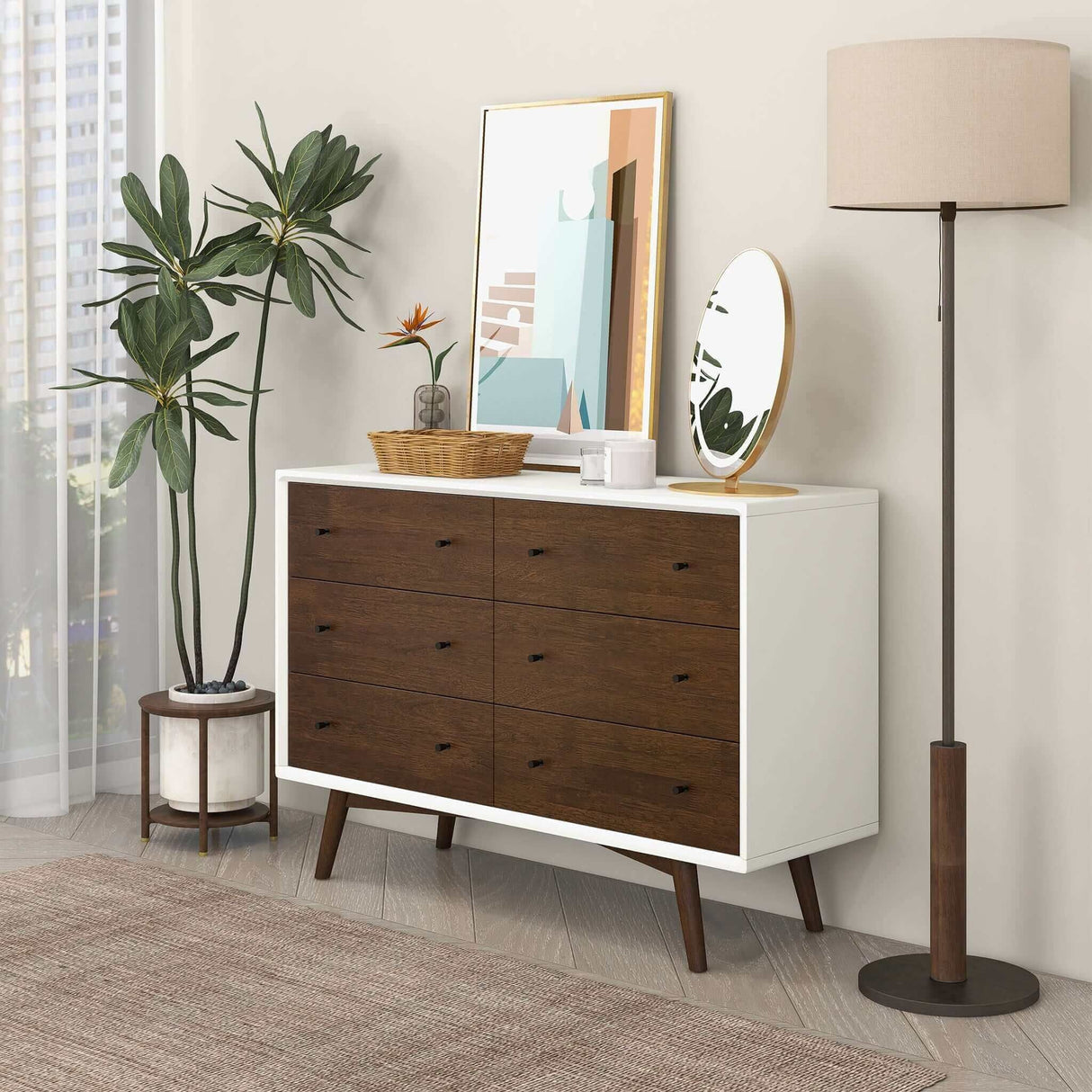 Dresser 6 Drawer - Dark Brown / White