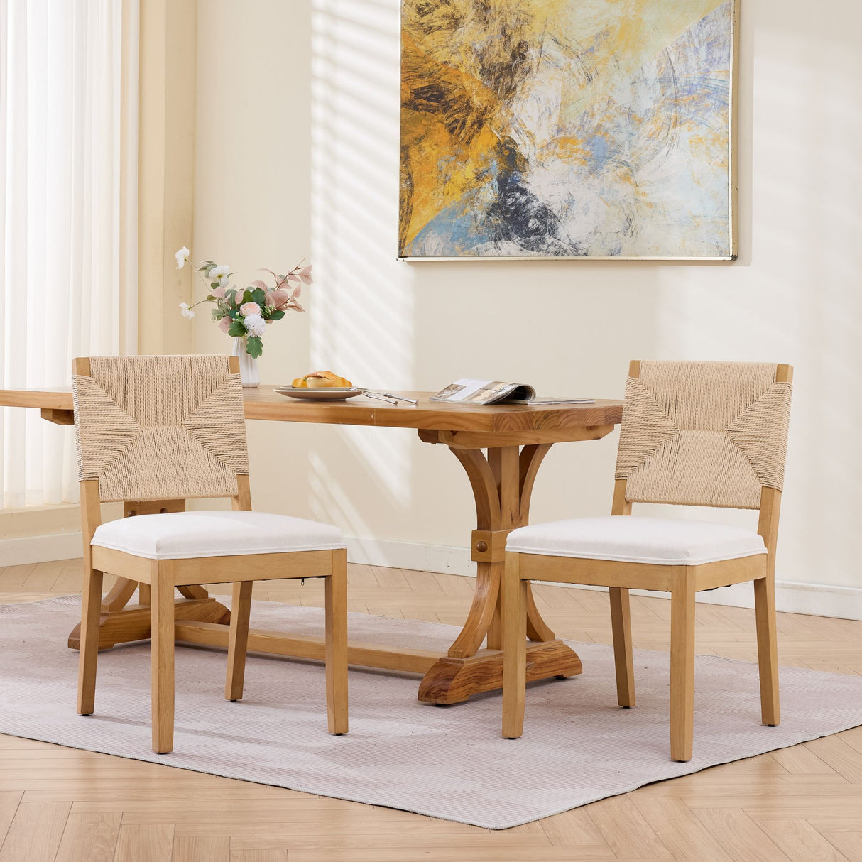 Mid-Century Modern Rope Rattan Dining Chairs Set of 2