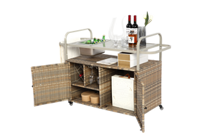 Outdoor Bar Table with Wicker Cabinet and Steel Top