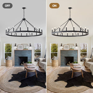 53.15 Inch Matte Black Wagon Wheel Chandelier with 18 Lights