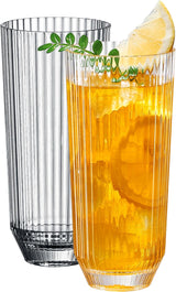 Khen Shatterproof Acrylic Ribbed Drinking Glasses Set, European Style, Dishwasher Safe, Tall | Set of 2 | Clear Tritan Drinkware, Unbreakable BPA-free Plastic, Reusable Stackable Glassware - 12OZ