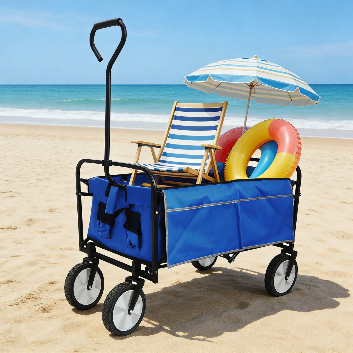 Folding Wagon Garden Shopping Beach Cart (Blue)
