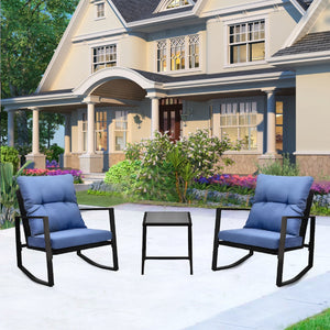 3 Piece Patio Bistro Set with Blue Cushions – Outdoor Rocker Chair Set