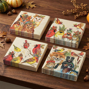 Khen Woodland Napkins, 100 Pack 4 Designs, 5" x 5" Folded Beige Square Disposable