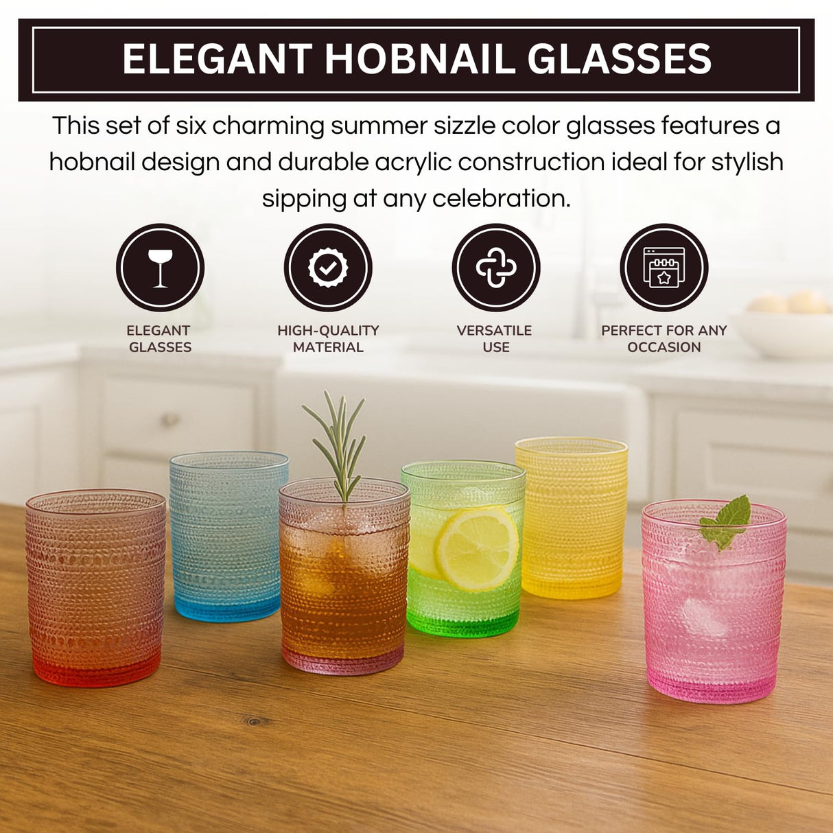 Hobnail glassware set of 6 Summer colors
