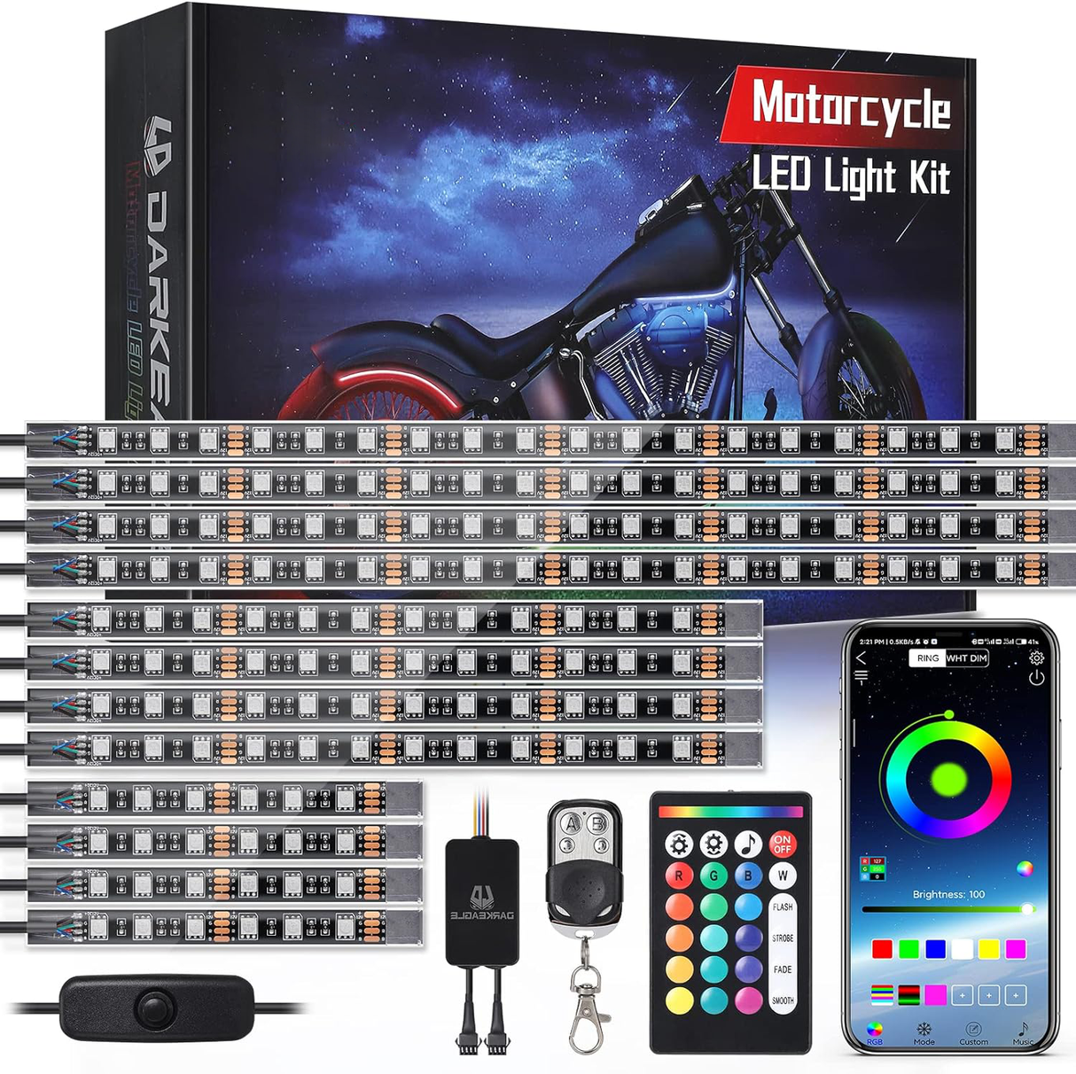 Motorcycle RGB LED Light Kit 12PCS Bluetooth Underglow with Brake & Turn Signal