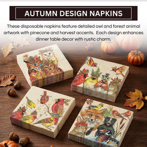 Khen Woodland Napkins, 100 Pack 4 Designs, 5" x 5" Folded Beige Square Disposable