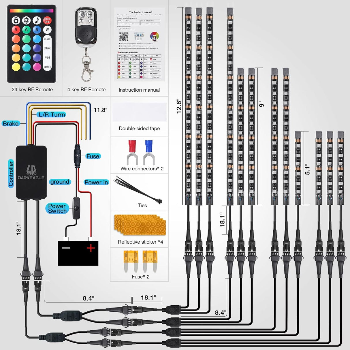 Motorcycle RGB LED Light Kit 12PCS Bluetooth Underglow with Brake & Turn Signal