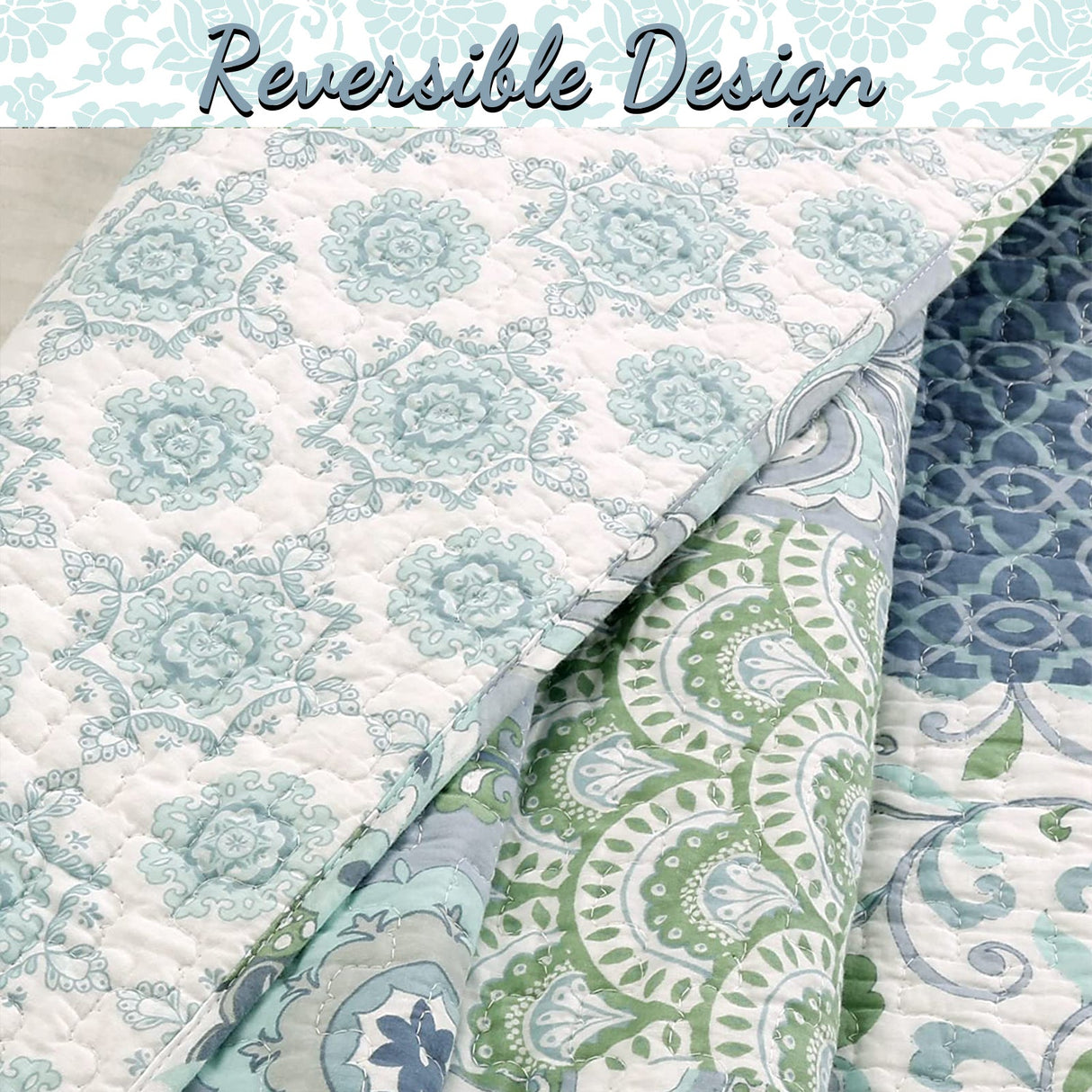 Windfall Blue Print Patchwork Cotton Reversible Quilt Bedding Set