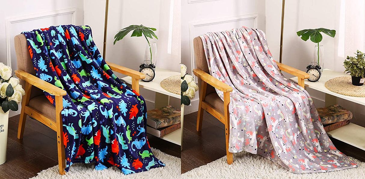 Boy's and girl's set of 2 plush fleece throw blanket (50" x 60") - dinos and unicorns