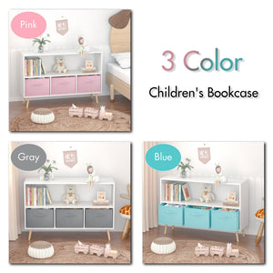 Bookcase With Collapsible Drawers, Book Display Storage Cabinet Organizer - White / Blue