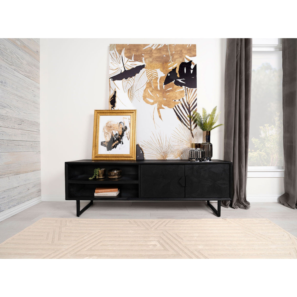 Manaya - 2 Door Stand With Open Shelving And Hidden Storage - Charcoal Black
