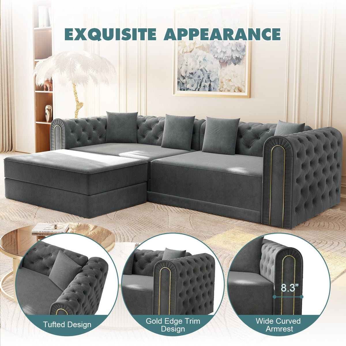 3-In-1 Convertible Sleeper Sofa With Movable Ottoman For Living Room