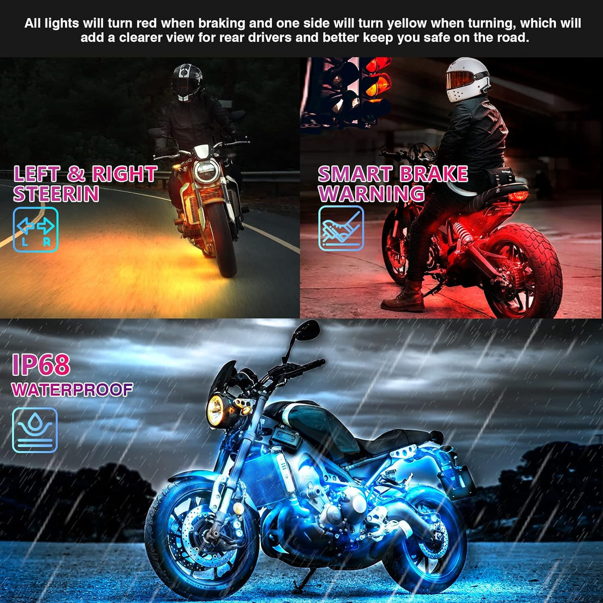 Motorcycle RGB LED Light Kit 12PCS Bluetooth Underglow with Brake & Turn Signal