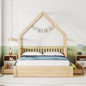 Queen Storage Platform Bed with Guardrail and 2 Drawers - White or Light Brown
