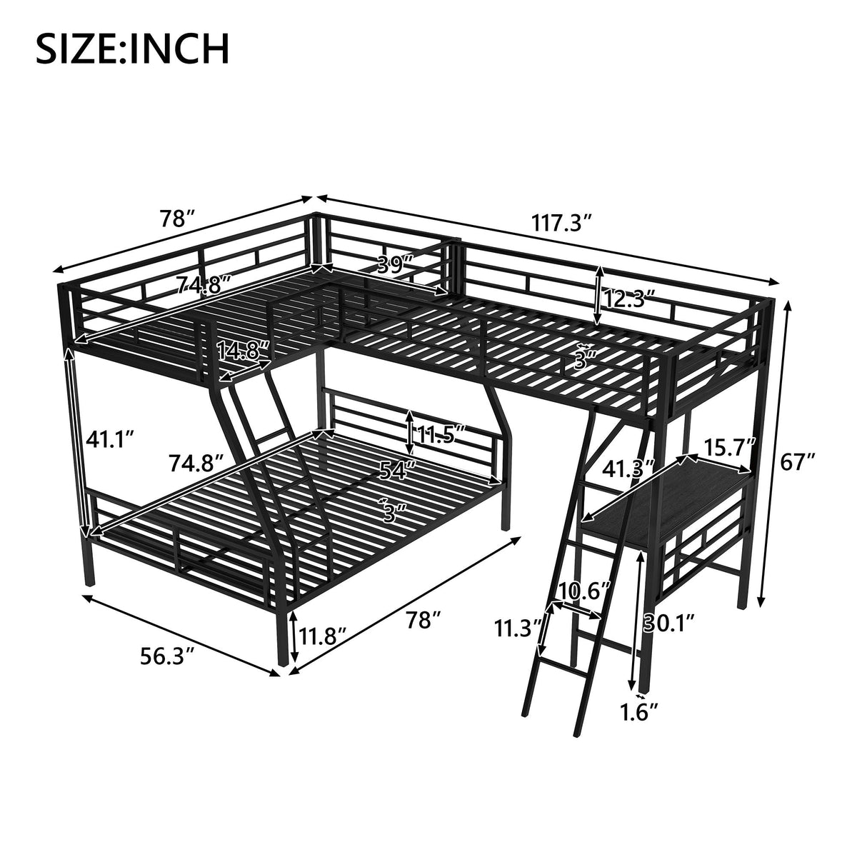 Twin Over Full Bunk Bed With Loft And Desk, L-Shaped Design For 3 Sleepers - Black