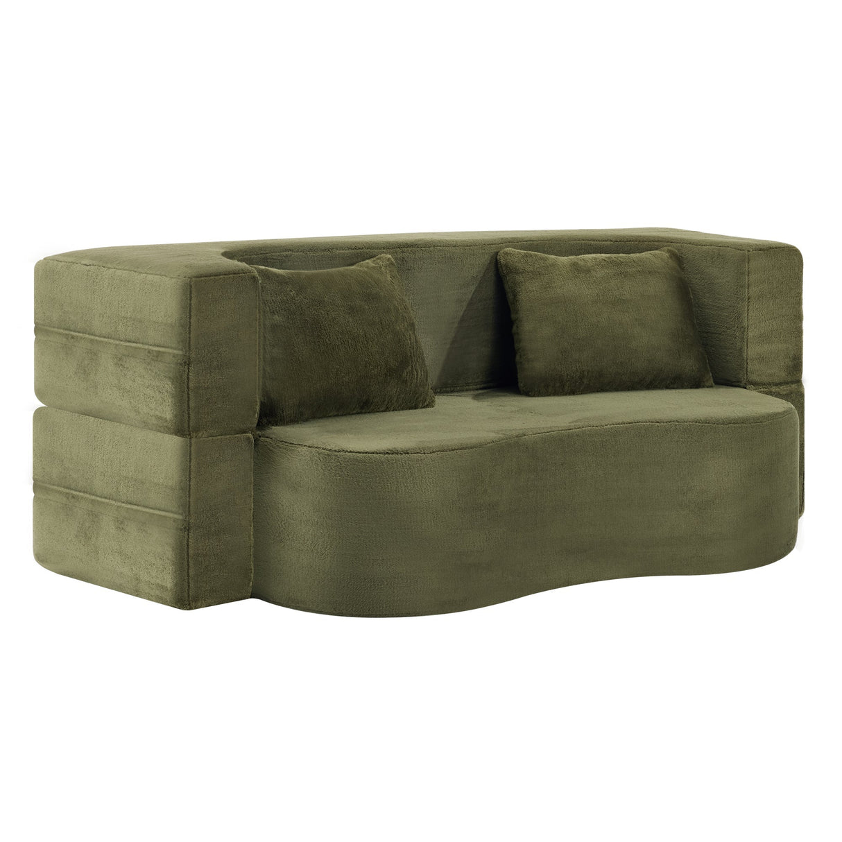 71-Inch Folding Sofa Bed in Green Plush Faux Fur