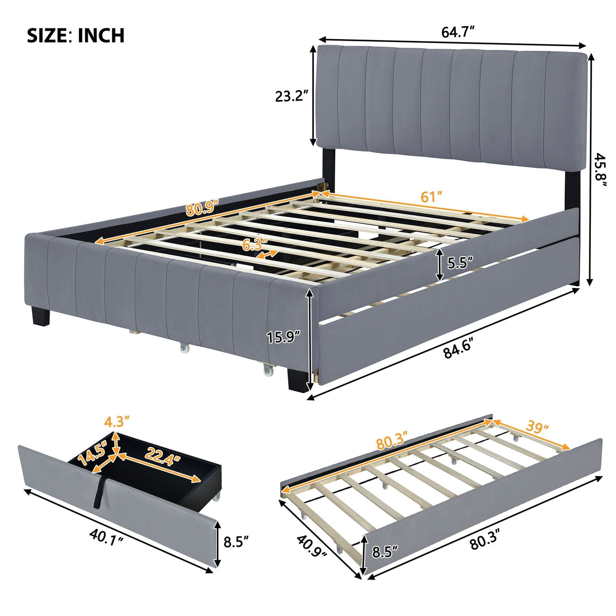 Platform Upholstered Bed with 2 Drawers and Twin Long Trundle