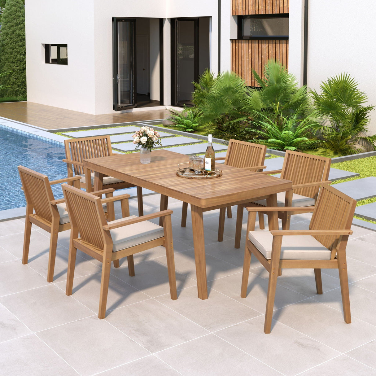 7 Piece Patio Furniture Set Acacia Wood Table and 6 Heavy Duty Cushioned Chairs