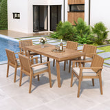 7 Piece Patio Furniture Set Acacia Wood Table and 6 Heavy Duty Cushioned Chairs