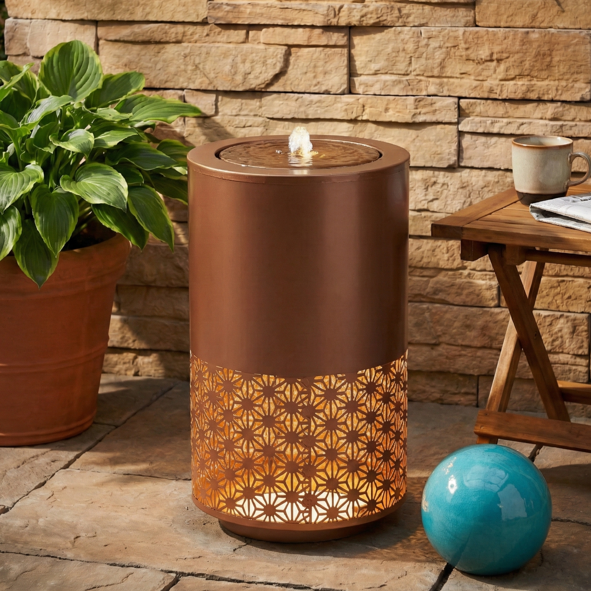 20.87"H Brown Metal Cutout Fountain with LED Lights
