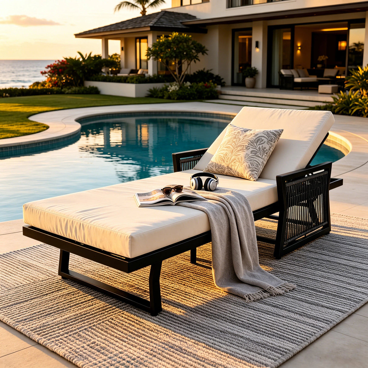 Black Iron Outdoor Chaise Lounge with Cream Cushion