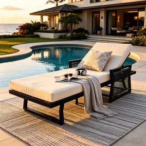 Black Iron Outdoor Chaise Lounge with Cream Cushion