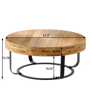 Modern Round Coffee Table with Wooden Carving Pattern and Metal Legs