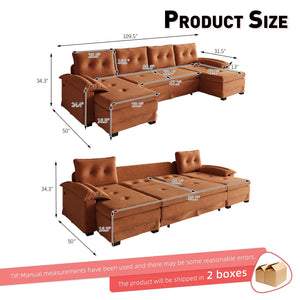 U-Shaped Sleeper Sofa With Pull Out Bed, Removable Armrests & USB Ports For Living Room