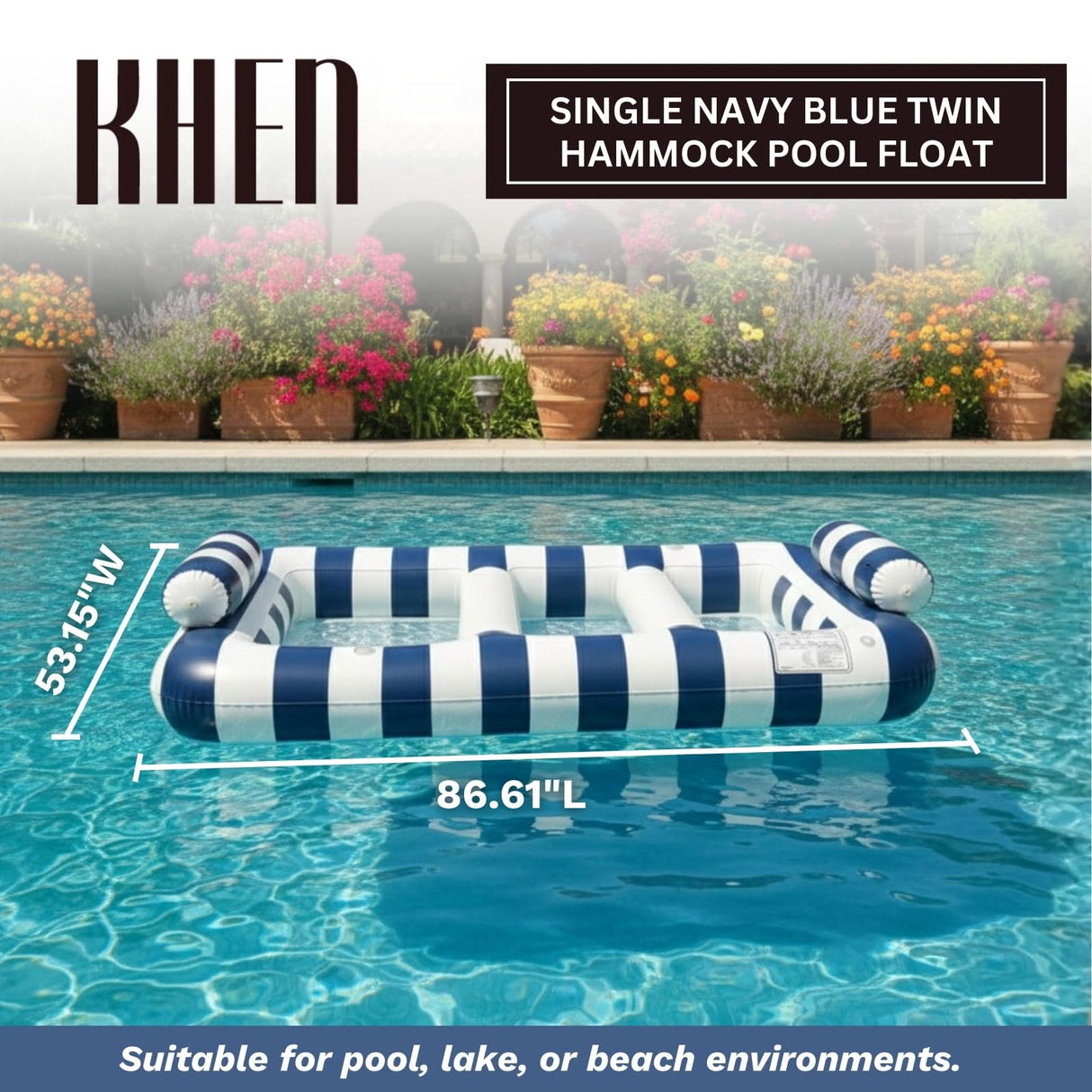 Navy Blue Twin Hammock Pool Float, Single Piece, 86.61 x 53.15 x 16.54"