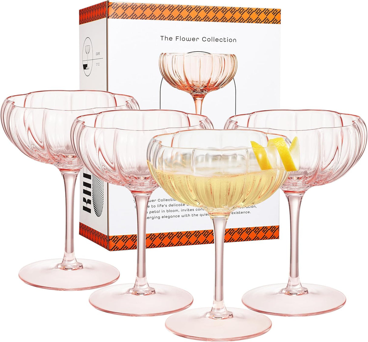 Khen Flower Modern Wavy Glass Coupes Martini, Champagne & Cocktail Coupes - Set of 4-7.7oz Colorful Cocktail Glasses & Prosecco, Mimosa Glassware Copyright Design - Blush Pink