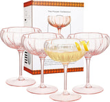 Khen Flower Modern Wavy Glass Coupes Martini, Champagne & Cocktail Coupes - Set of 4-7.7oz Colorful Cocktail Glasses & Prosecco, Mimosa Glassware Copyright Design - Blush Pink