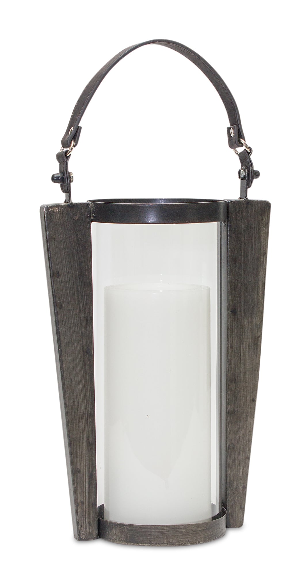 Iron metal candle holder with glass hurricane and handle 18"h