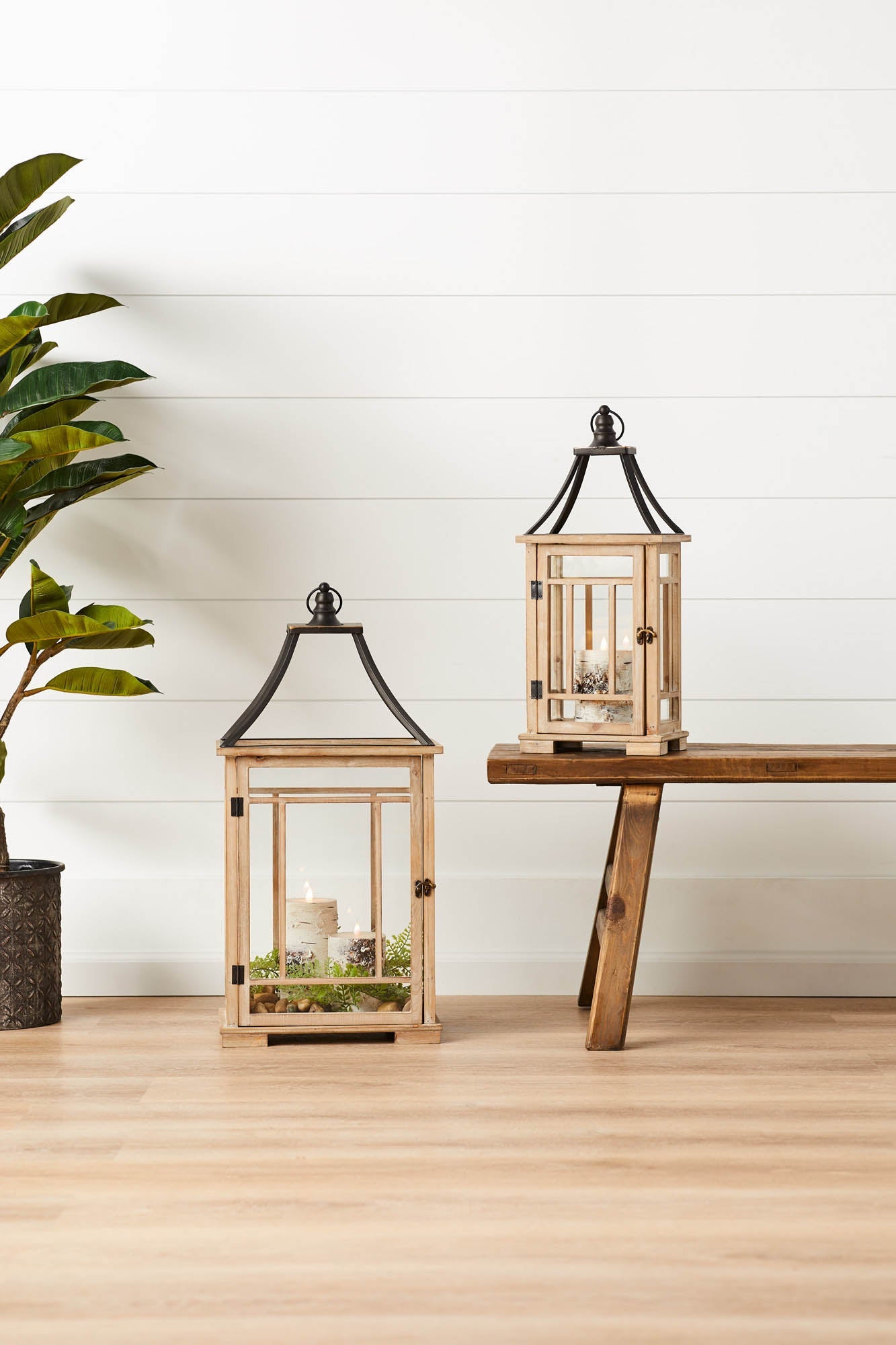 Natural Wood Lantern with Open Metal Lid (Set of 2) – Tuesday Morning