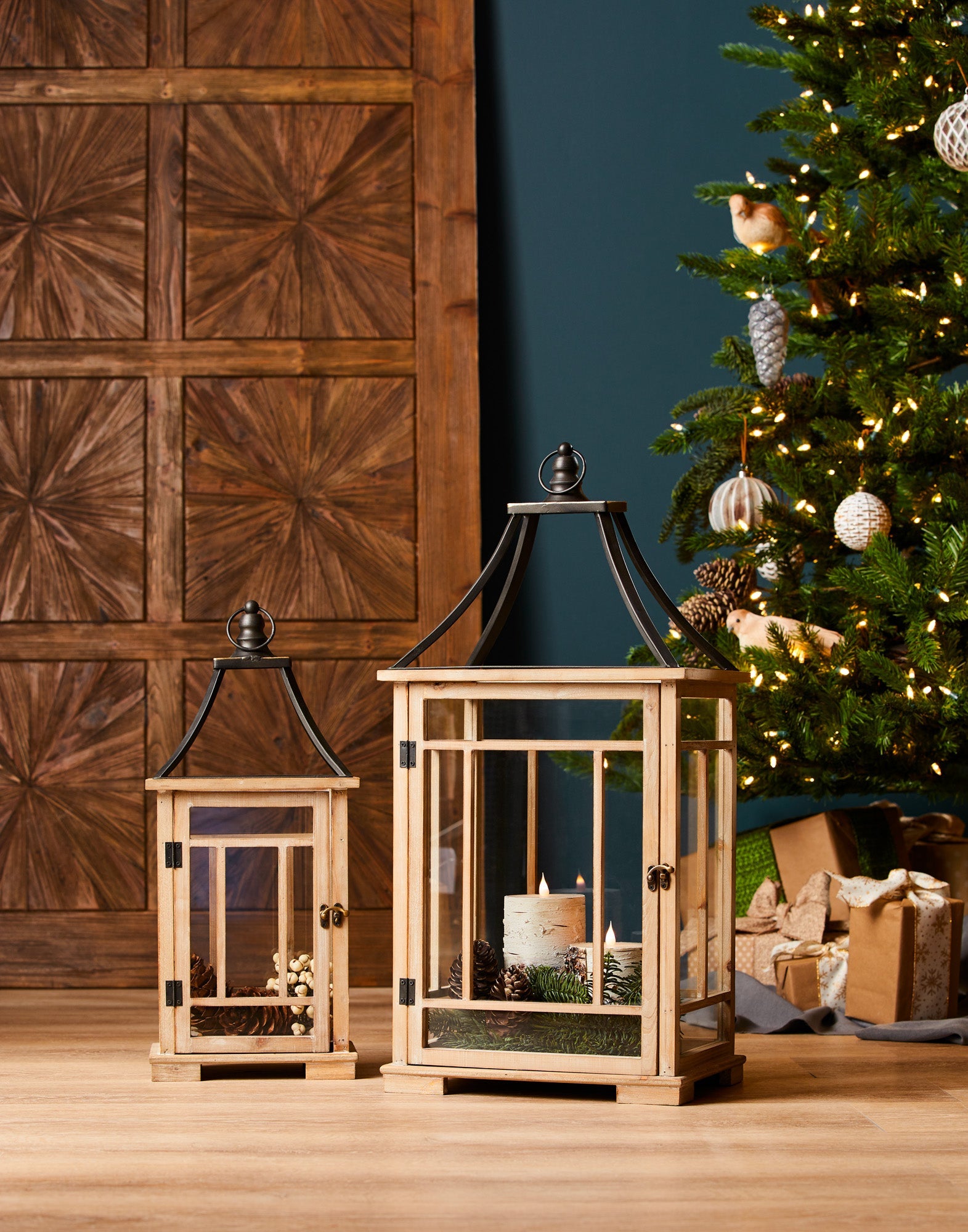 Natural Wood Lantern with Open Metal Lid (Set of 2) – Tuesday Morning