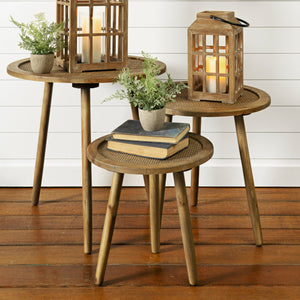 Rattan Wood Accent Table (Set of 3)