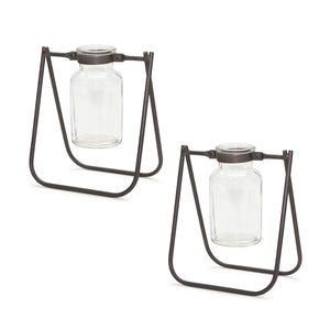 Hanging Glass Jar Vase with Metal Stand (Set of 2)