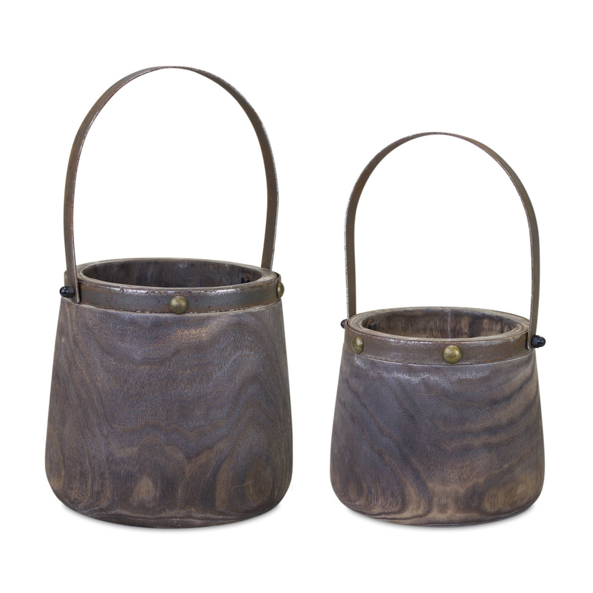 Natural Wooden Pail Planter with Metal Handle Accent (2 Set)