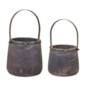Natural Wooden Pail Planter with Metal Handle Accent (2 Set)