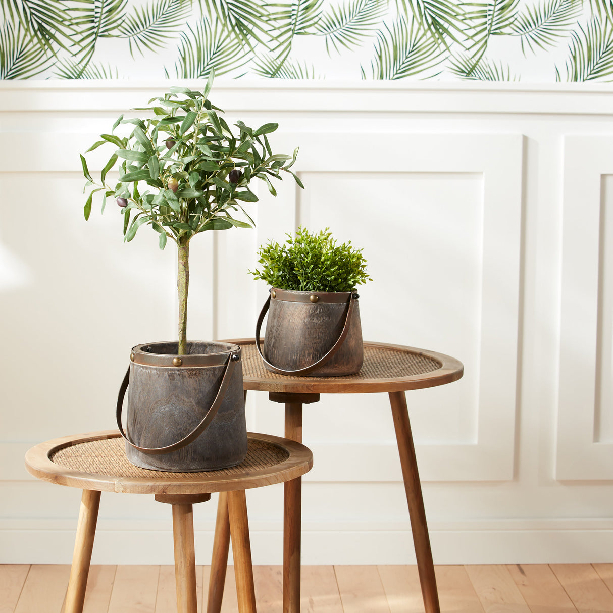 Natural Wooden Pail Planter with Metal Handle Accent (2 Set)