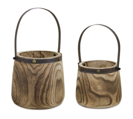 Wooden-Pail-Planter-with-Metal-Handle-Accent-(Set-of-2)-Garden-Decor