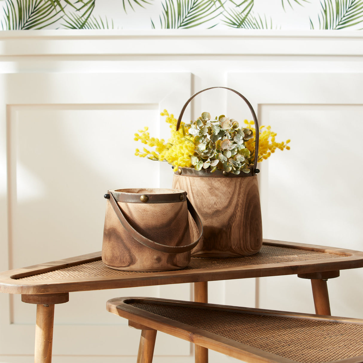 Natural Wooden Pail Planter with Metal Handle Accent (Set of 2)