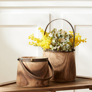 Natural Wooden Pail Planter with Metal Handle Accent (Set of 2)