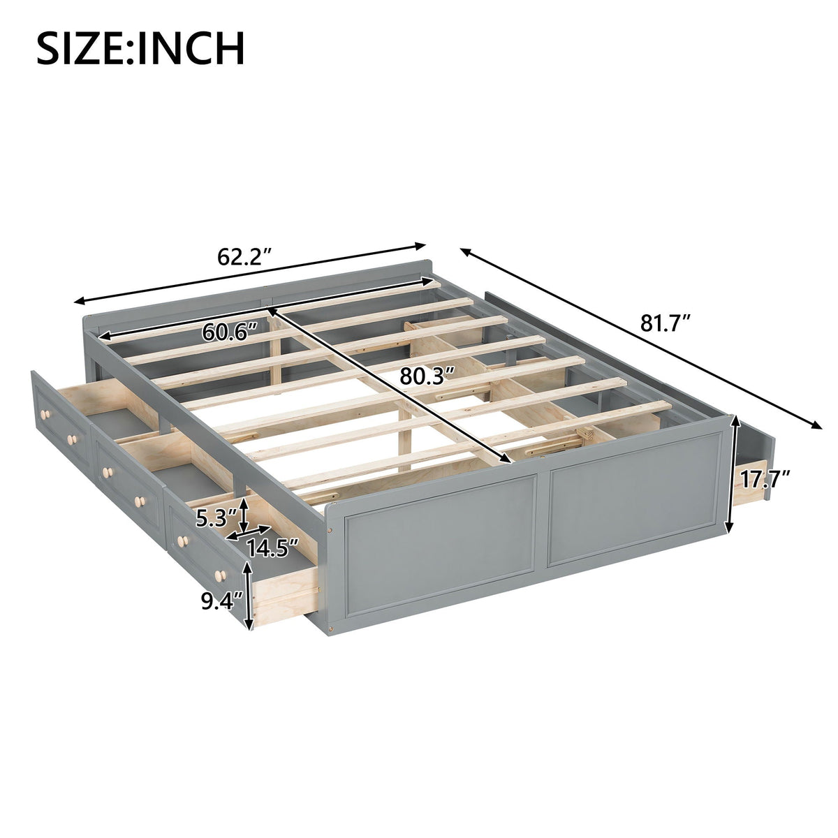 Queen Size Platform Bed Frame with 6 Drawers - Gray