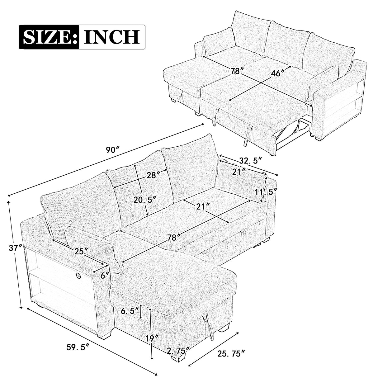 The Lionel Multifunctional Chenille Convertible Sofa Bed - USB and Storage