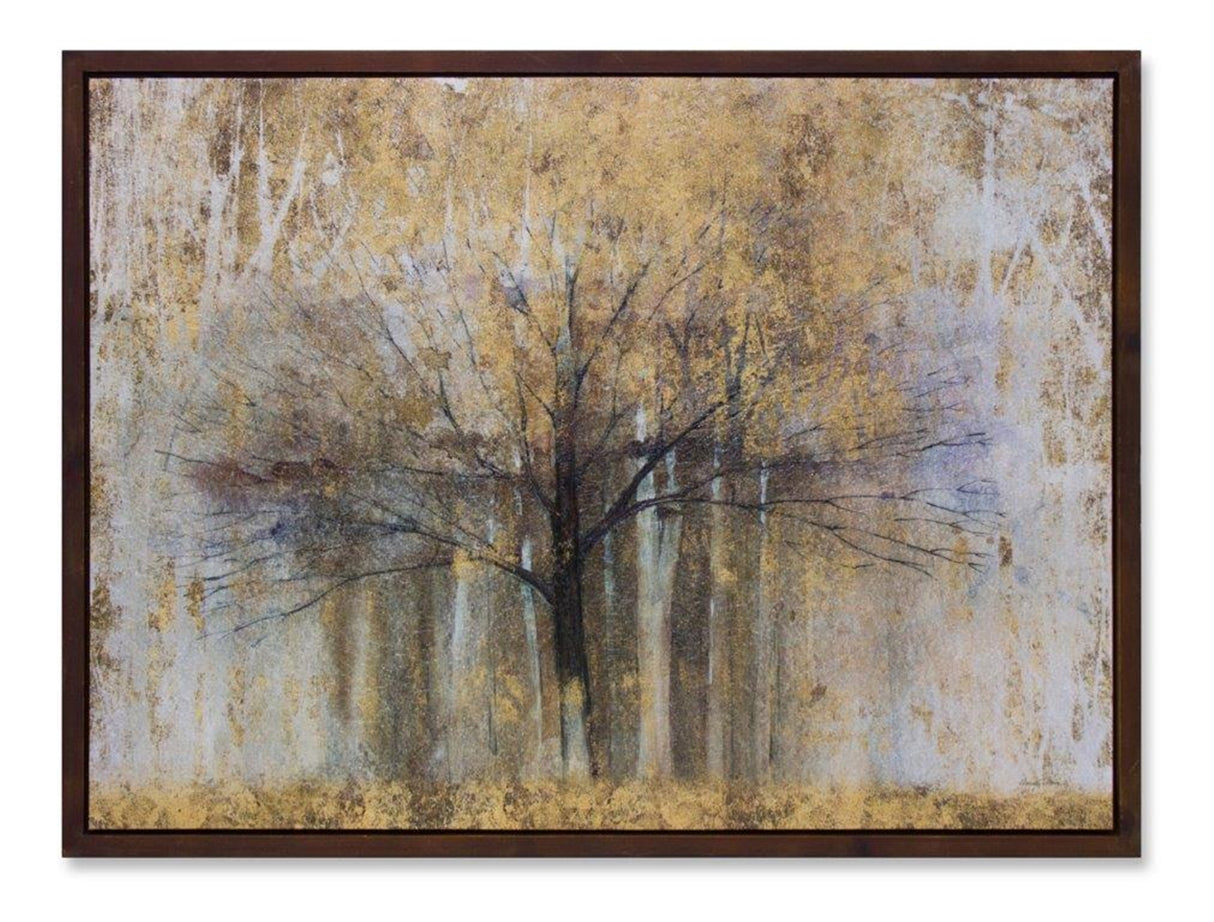 Painted landscape canvas wall decor with wood frame and gold finish 31.5"l